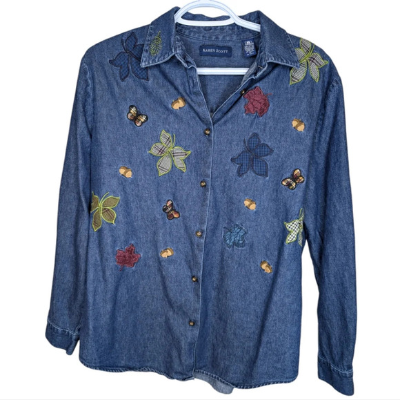 Karen Scott Fall Leaf Plaid Butterfly Embroidered Denim Button Down M Autumn - Picture 1 of 10